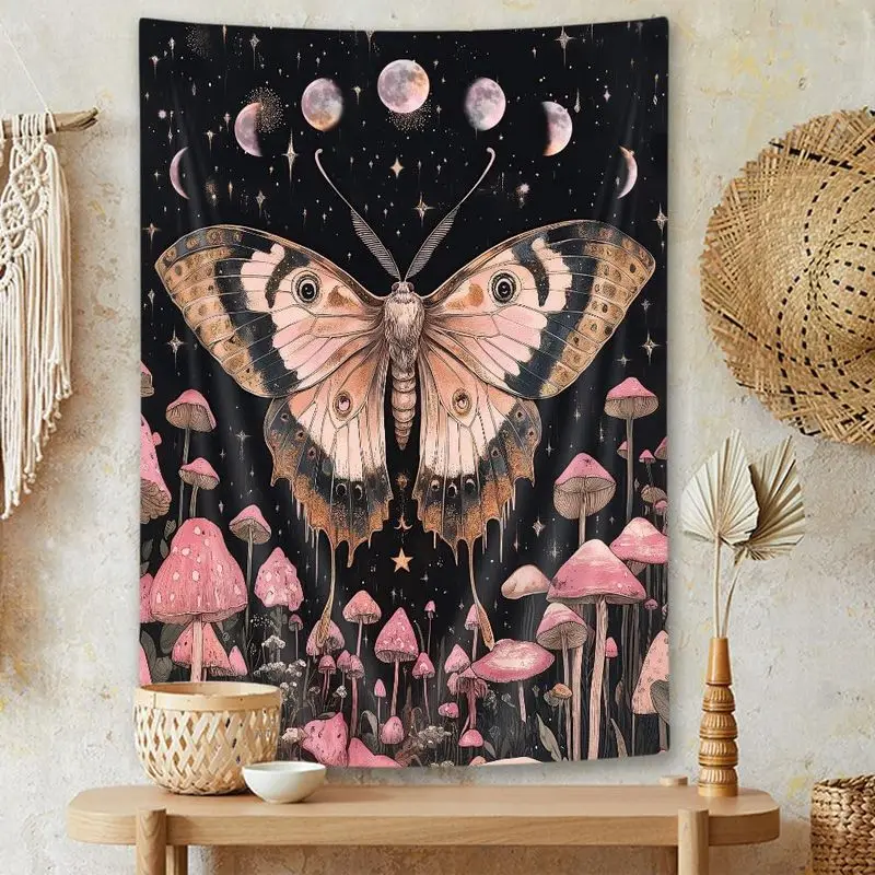 VIKAMA Pink Moth Moon Phase Tapestry Mushroom Starry Night Y2K Aesthetic Wall Hanging Dark Fairycore Wall Art Bedroom Dorm