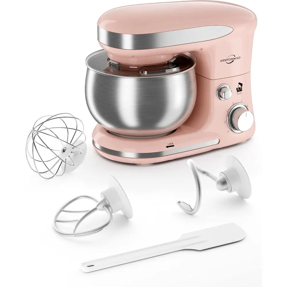 

3.4 Quart Electric Stand Mixer - 6 Speeds, Portable Kitchen Mixer with Egg Whisk, Dough Hook, Beater for Daily Use in Pink