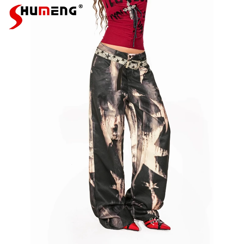 

Ink Tie-dye Printed Casual Pants Women's Summer Design Sense Fashion Y2k Soft Girl Drape Wide-leg Slacks Zipper Button Trousers