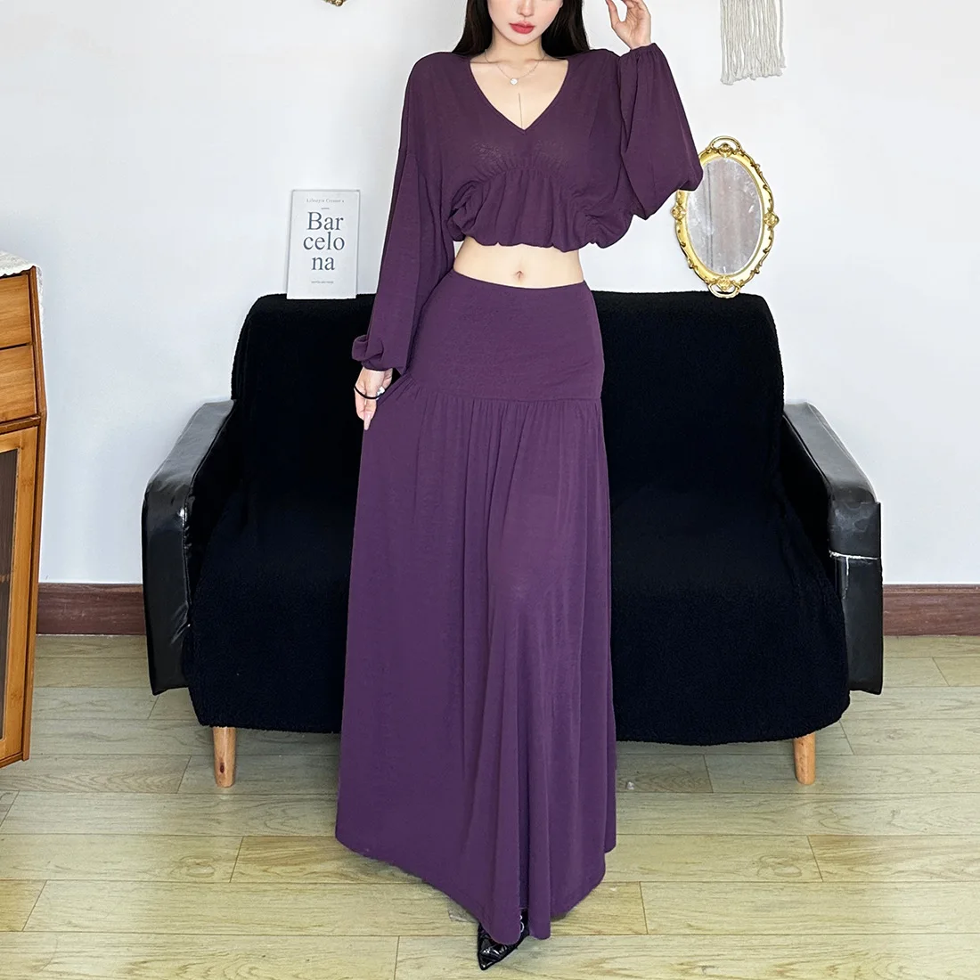 

Модный и сексуальный стильный повседневный укороченный топ с глубоким v-образным вырезом и длинными рукавами, укороченный топ с высокой талией, утягивающая юбка, однотонный женский комплект