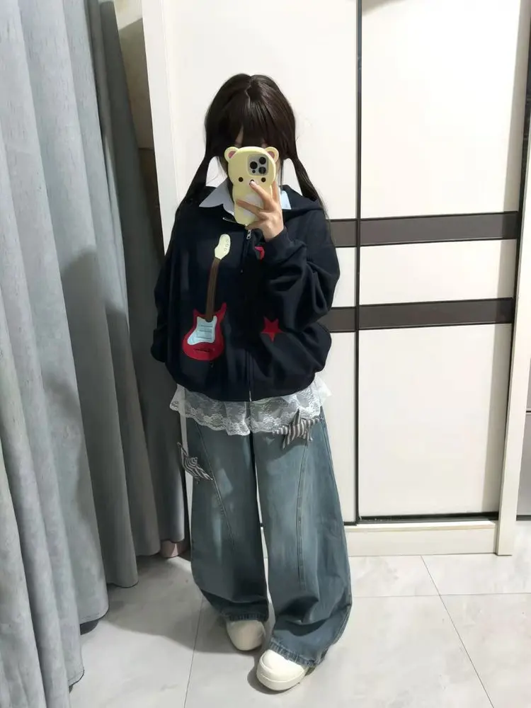 

American Retro Guitar Pattern Hoodie Women's Loose Fit Autumn Design Small Cro Open Cardigan Outerwear Long Sve Zipper