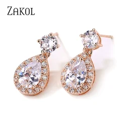 ZAKOL Classic Water Drop Cubic Zircon Bridal Dangle Earrings for Women Girl Trendy CZ Crystal Wedding Engagement Jewelry