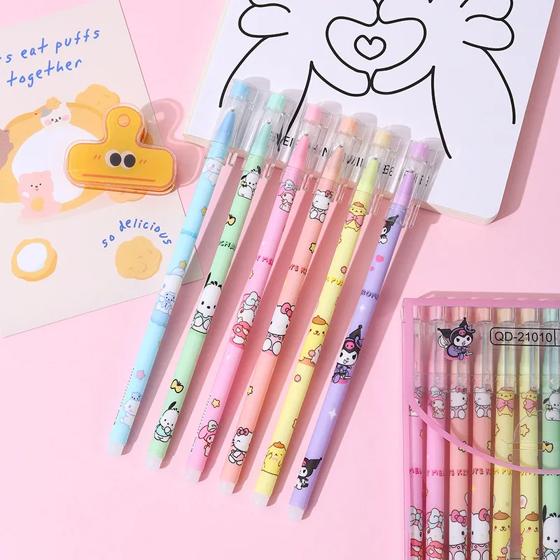 12Pcs/set Erasable Sanrio Gel Ink Pen Kawaii Students Stationery Anime My Meldoy Kuromi Pokemon Pikachu 2Colors Lovely Kids Gift