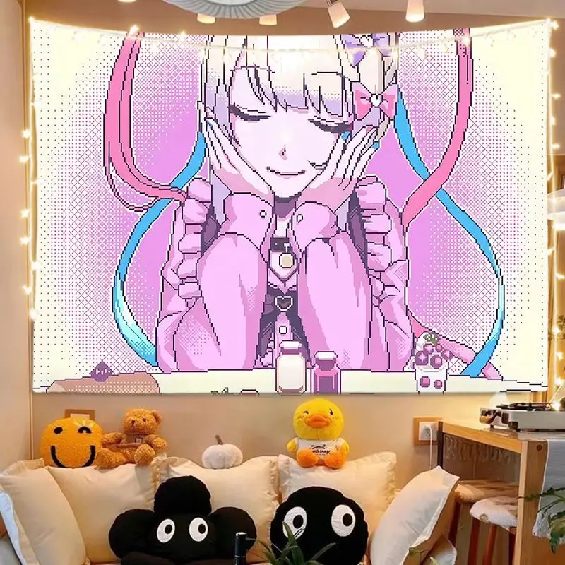 Kawaii Harajuku Aesthetic Anime Cat Girl Wall Tapestry, Sweet Girl Wall Hanging Background Cloth for Bedroom Bedside Dorm Interi
