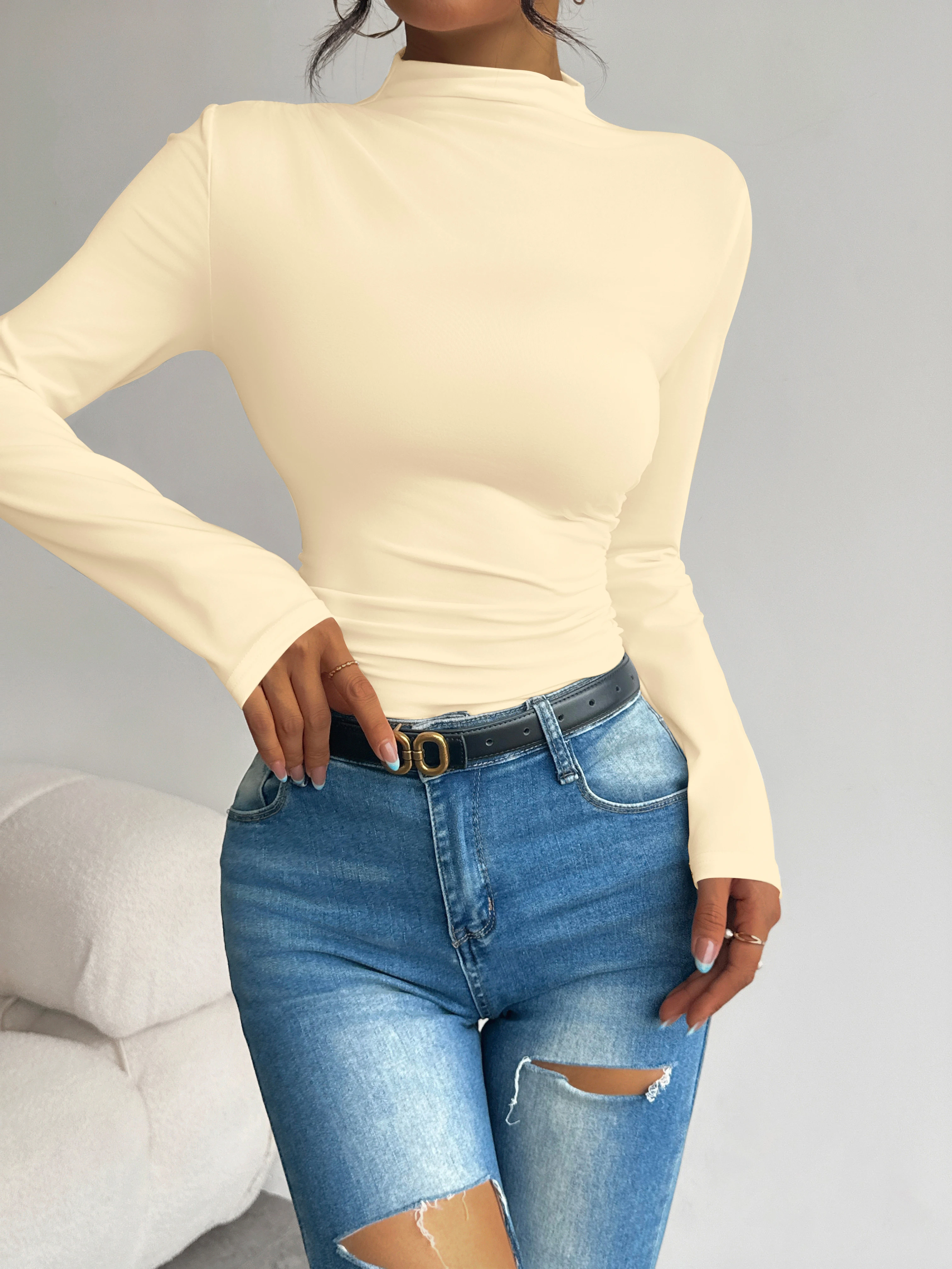 Halbhoher Kragen, plissierte Taille, schlank machendes, langärmliges Basic-Shirt für Damen, vielseitiges Oberteil für Frühling und Herbst. – Detail 7