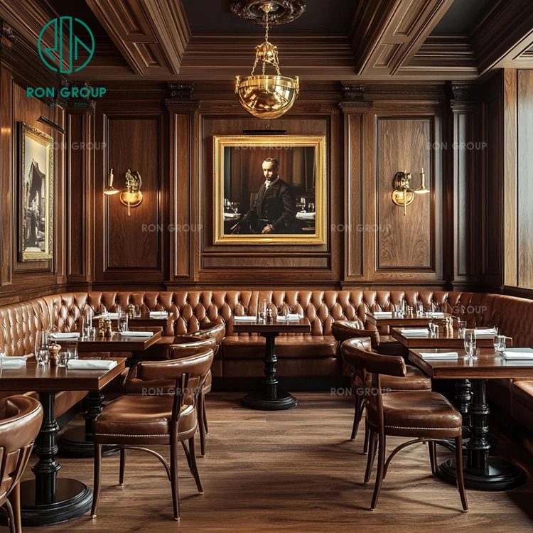 Ron Group Vintage Restaurant L-Shaped Tufted Upholstered Booth Seating Square Wood Table Leather Chair Set Furniture Booth