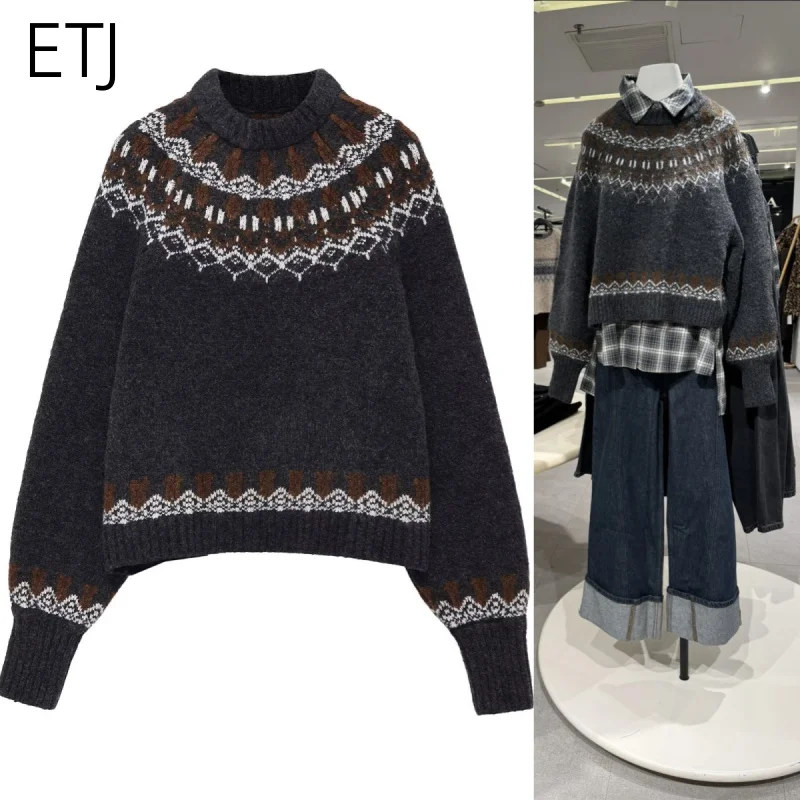 

ETJ 2025 Women's Winter collection Thick Fair Isle Sweater Christmas holiday vintage crew neck long sleeve jacquard knit