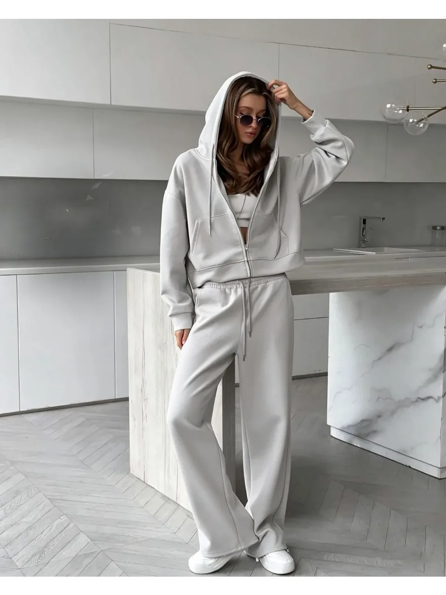 Hirsionsan 2026 Cross border Yellow Hooded Zipper Hoodies Set Casual Cardigan Drawstring Wide Leg Sport Pants Two Pieces Set image 3