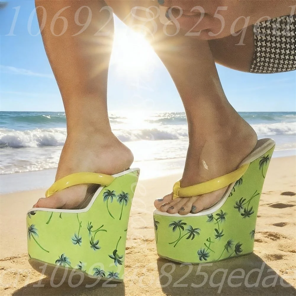 

Women's Green Platform Wedge Slipper Tree Print Thong Sandals, Extra High Heel Open Toe Summer Beach Wedge Heel Shoes for Ladies