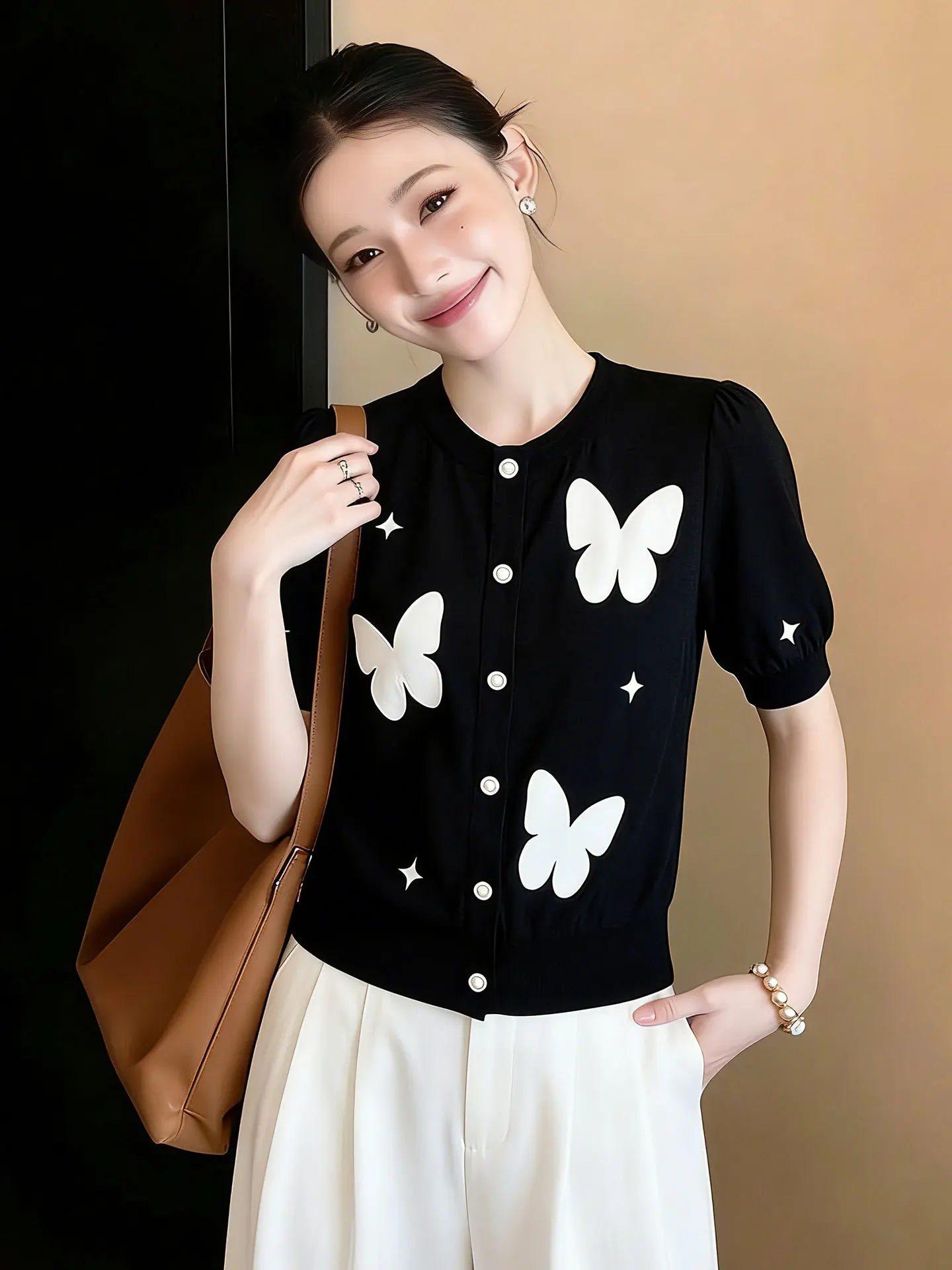 

Ele Print ort Sve Knitted irt Single Button Versatile Spring Summer Top Korean Sle Straight Cut Silk