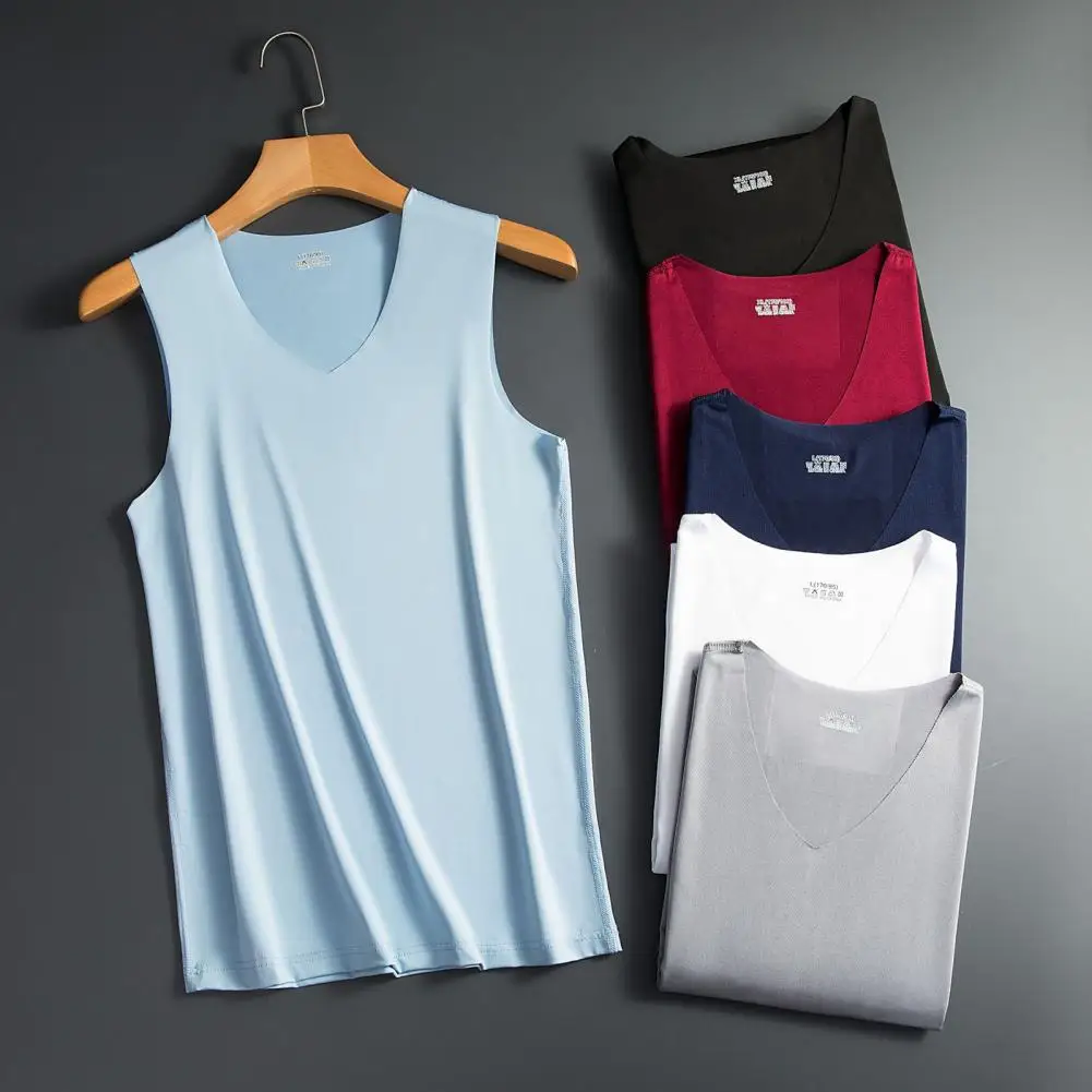 V-neck Sleeveless Men Vest Ice Silk Smooth Elastic Moisture Wicking Bodybuilding Vest Solid Color Fitness Seamless Vest