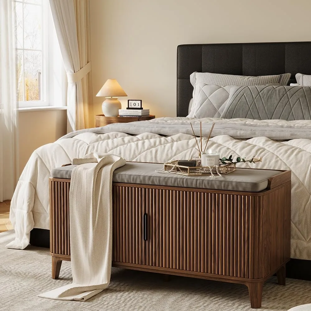 

39.4" Fluted Shoe Cabinet Storage with Bench, 2-Tier Entryway Bench with Adjustable Shelves and Detachable Cushioned Seat,