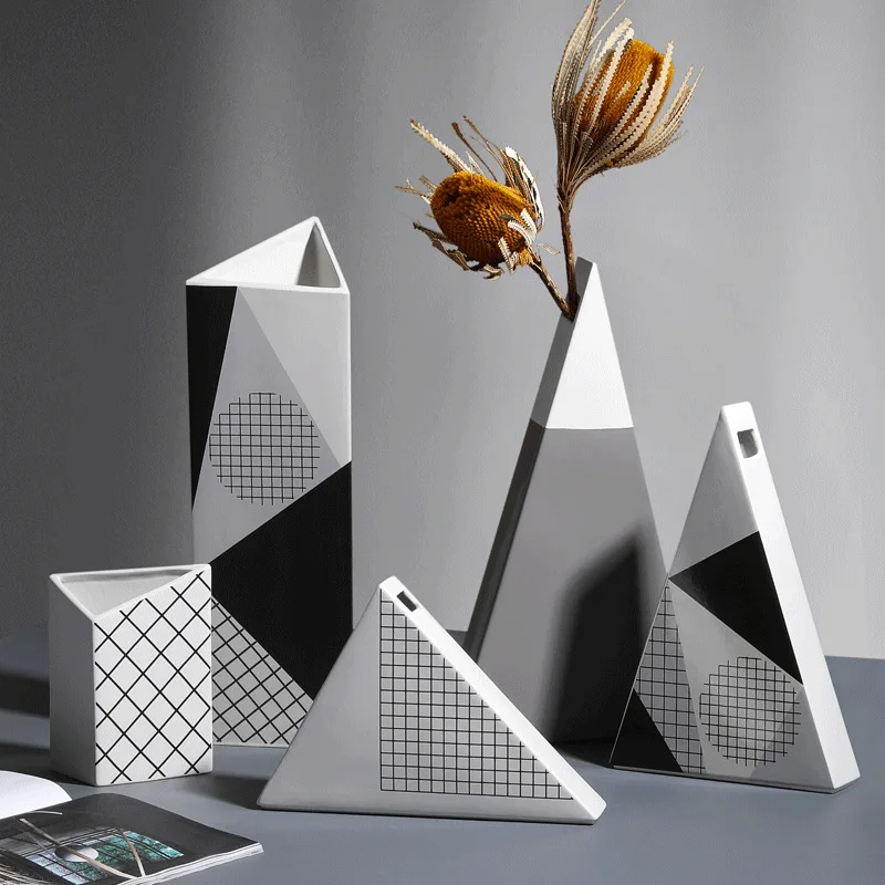 

Geometric Ceramic Art Vase Flower Arrangement Triangular Small Mouth Vases Decorative Vase Hydroponic Flower Vases Decoration