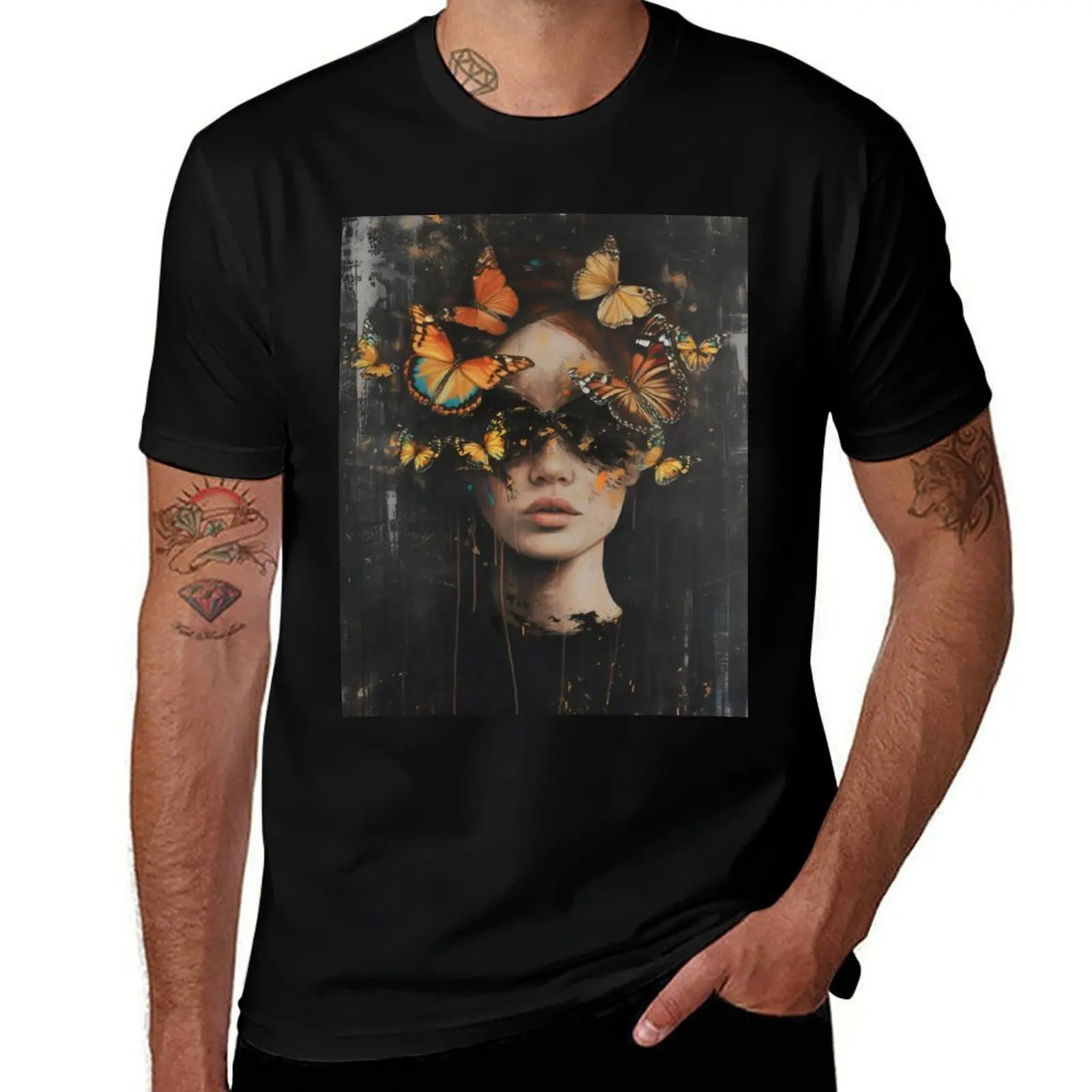 

Metamorphosis Muse: A Portrait of Butterflies and Dreams T-Shirt funny shirt cotton vintage t shirts men tshirt