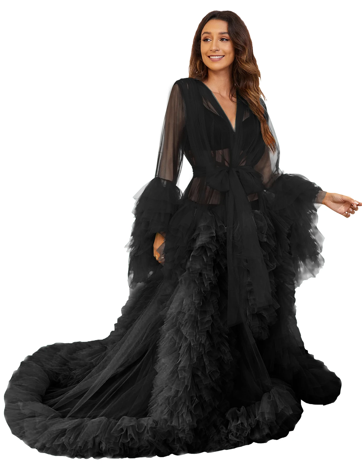 

Fluffy Black A Line Maternity Robes for Photo Shoot Tiered Ruffles Long Sleeves Pregnant Women Gowns Sexy Baby Shower Dresses