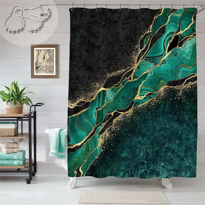Marble Gold Shower Curtain with Hooks, 3D Print, Waterproof, Abstract, Geometric, Bathroom Decor, Bath