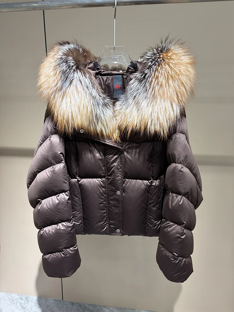 2026 New Winter Women 90% Goose Down Coat Large Real Fox Fur Collar Hooded Puffer Jacket Luxury Warm Brown Outerwear For Ladies