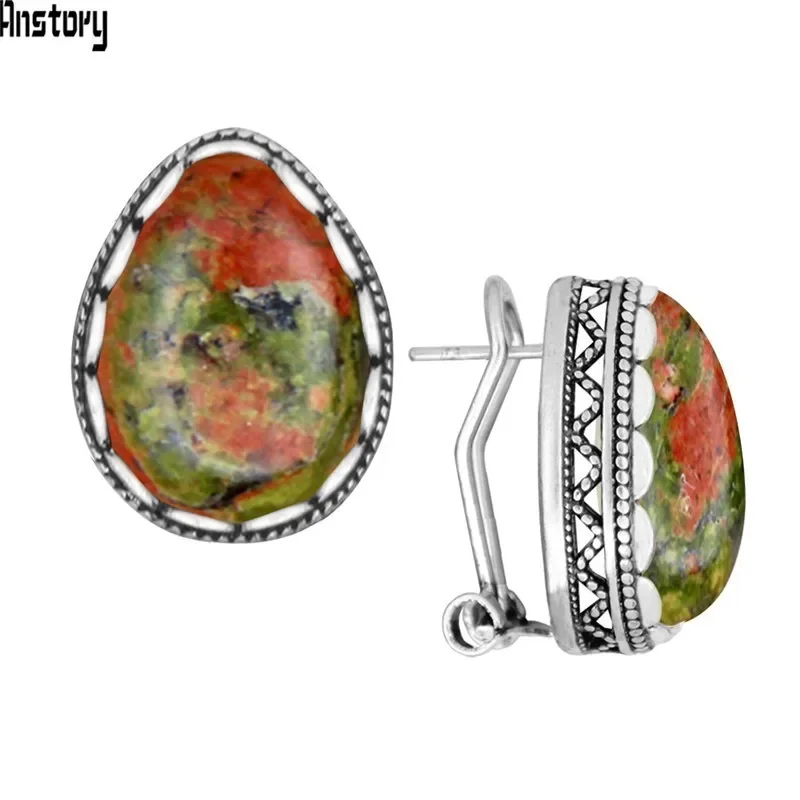 Retro Water Drop Unakite Stud Earrings For Women Stainless Steel Stud Pin Push Back Antique Silver Plated Earrings