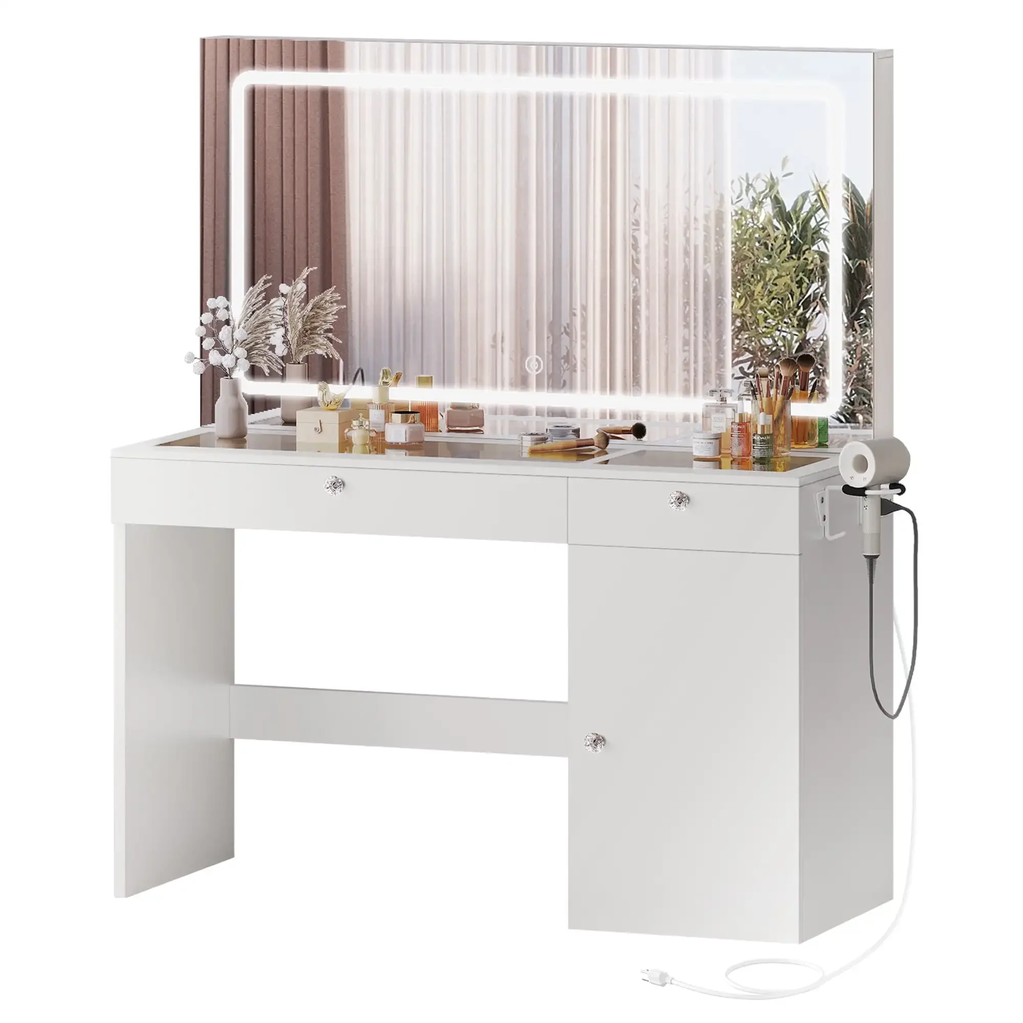 LED Lighted Mirror & Power Outlet Modern Vanity Desk with Drawers