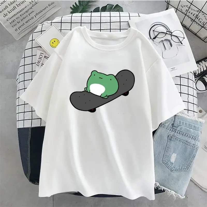 Skateboard Frog Dinosaur Cute Graphic T-Shirt Men/Women T-Shirt Green Aesthetic Oversized T-Shirt Harajuku Tops Women's Clothing