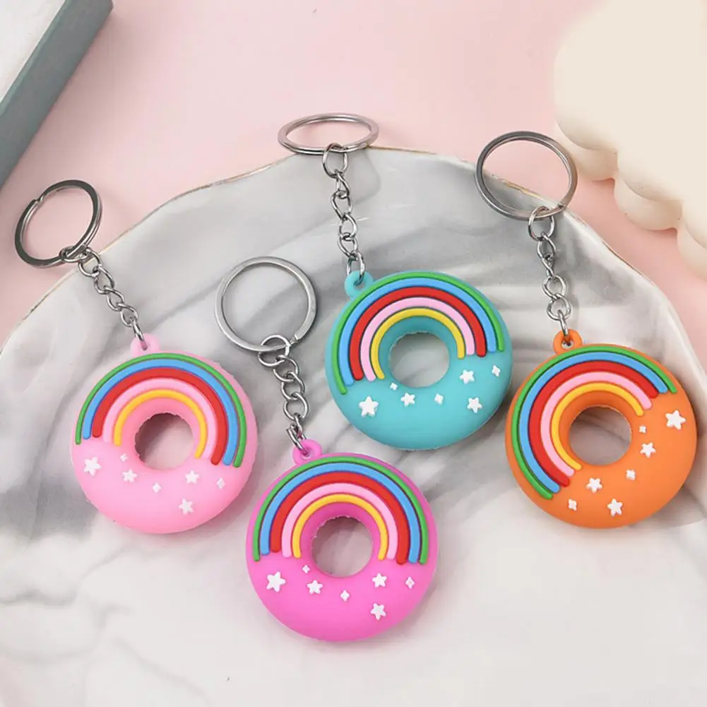 Key Ring Cartoon Design Donut Shape Rainbow Decor Hanging Unfading Perfect Gift Vivid Color Children Schoolbag Backpack Key Chai