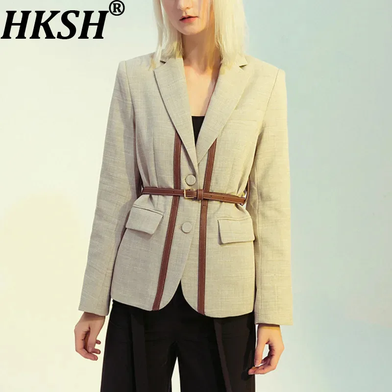 

Женский блейзер HKSH с контрастными вставками из искусственной кожи, приталенный, с поясом, однобортный, элегантный городской жакет премиум-класса, весна HK10667