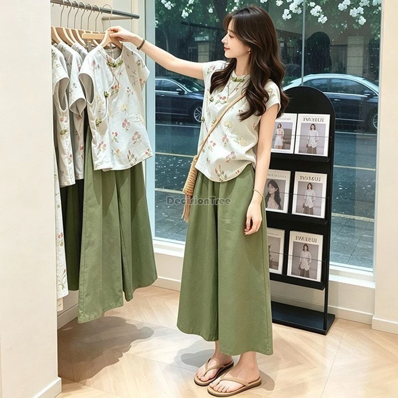 2026 new chinese style short top female summer floral patterns buckle top pants 2-piece suit women's printed short sleeved top