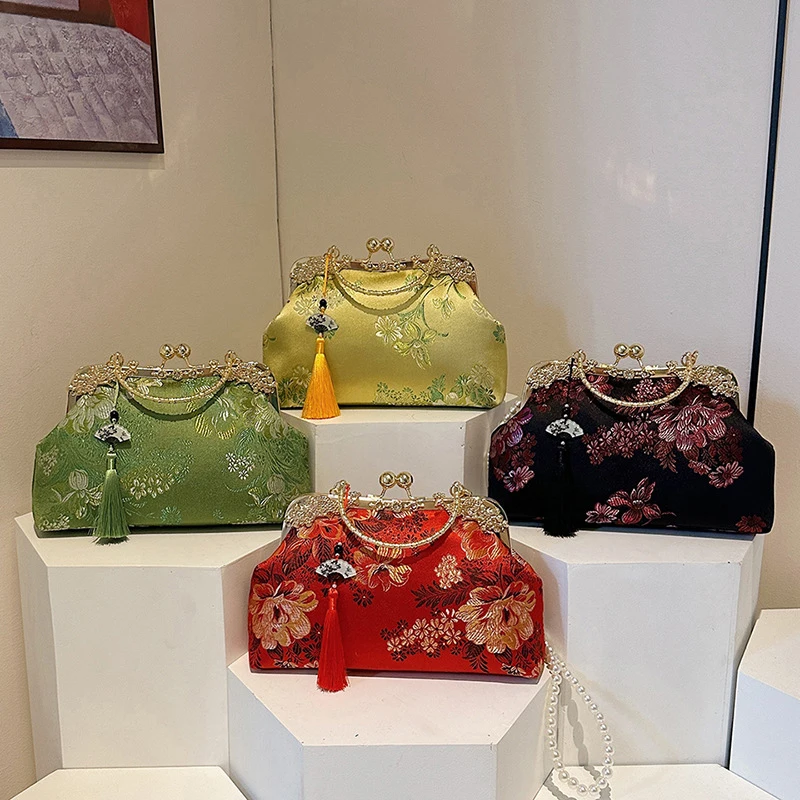 

Сумки на плечо с вышивкой и кисточками в китайском стиле, Cheongsam, изысканная женская сумка на кнопках, красная свадебная сумка с жемчугом