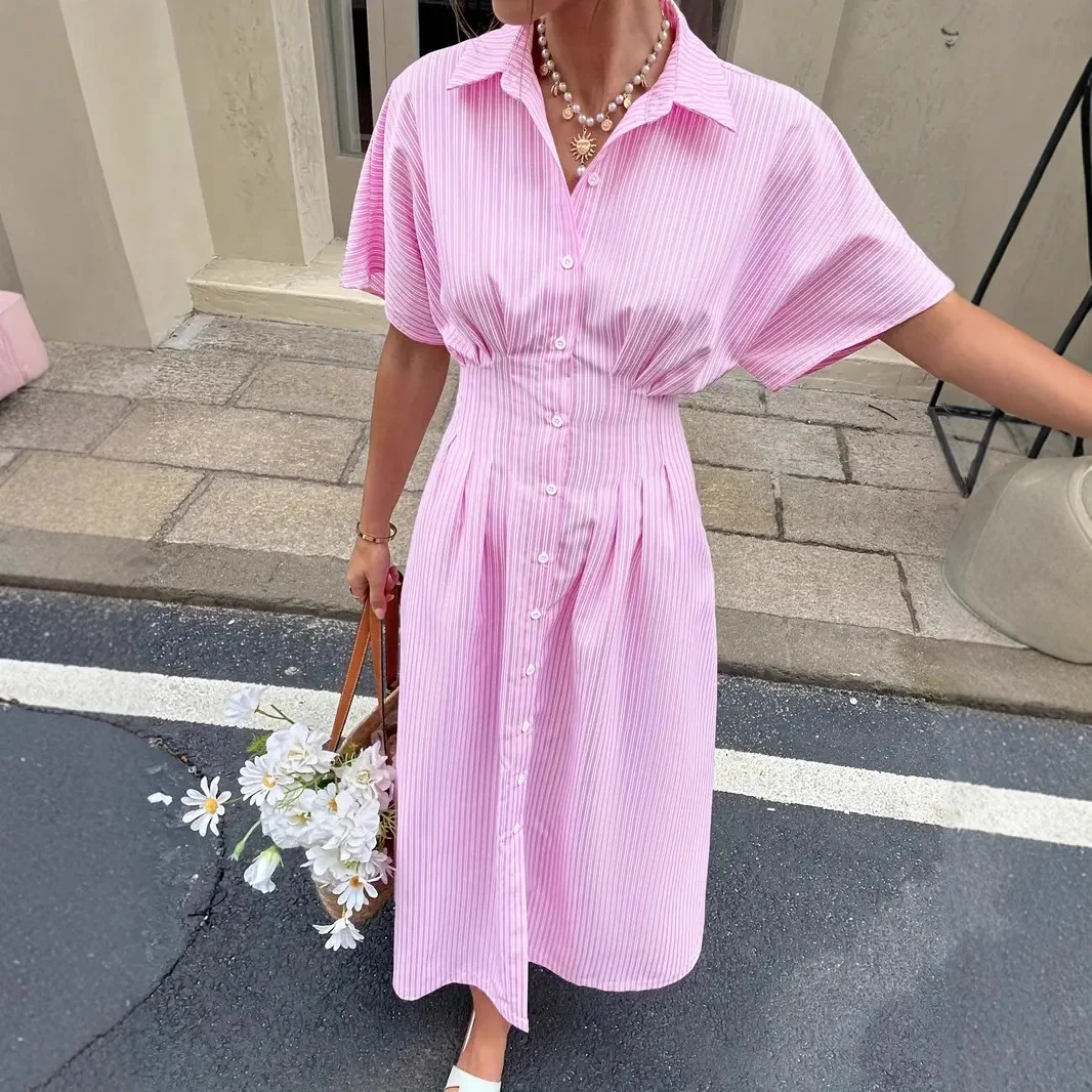 

2026 New Fashionable Printed Button Dresses Women Summer Casual Loose Striped Collar Home Long Sleeve Dress For Women
