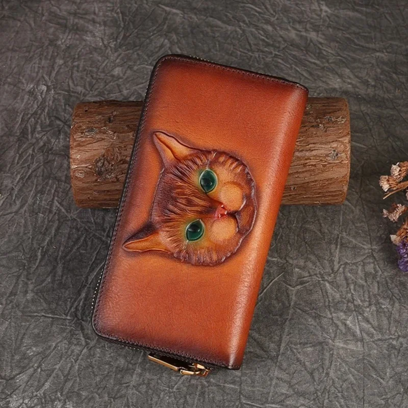 2024 New Vintage Women's Wallet Long Genuine Leather Wallets Women Purses For Ladies Handmade Embossed Woman Card Holder