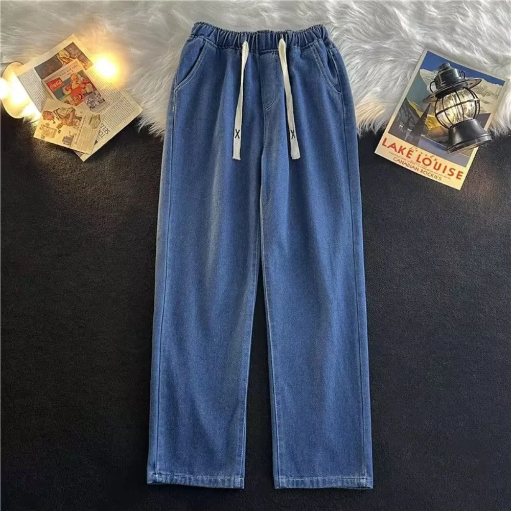 Vintage Blue Jeans Men Loose Thin Wide Leg Pants Trendy Casual Stretch High Waist Straight Full Trousers Spring Autumn New