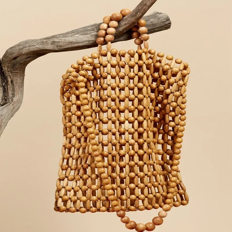 

INS Hot Style Handwoven Female Bag Natural Wooden Bead Fashion Handbag Vintage Bamboo Ladies Beach Bag