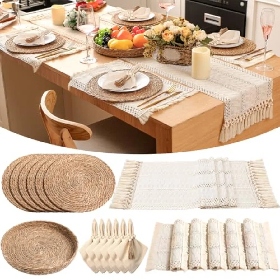 6 Sets Boho Kitchen Decoration Placemats Round Woven Placemats Cloth Napkins Wood Bead Napkin Rings Long Table Runner and Farmh