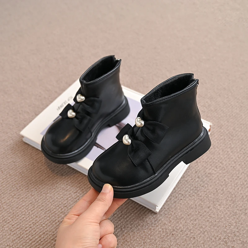 Elegant Girls Boots with Pearl Bow Back Zipper Waterproof and Non Slip 2024 Winter Black/silver Microfiber Leather Fashion Boots