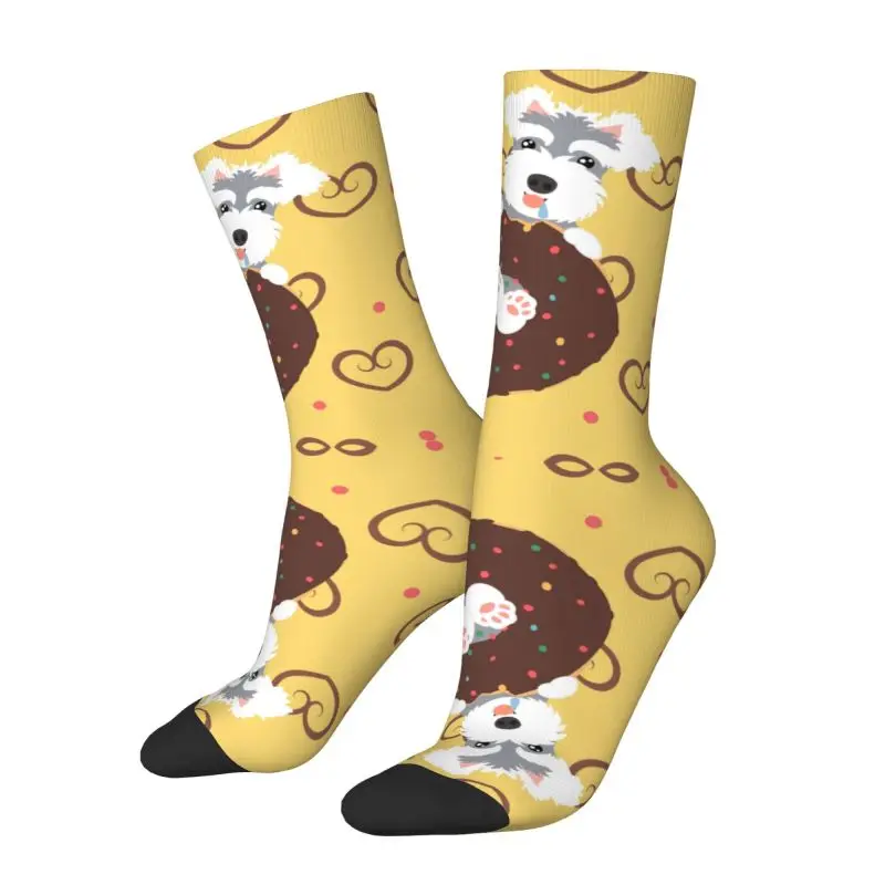 Love Miniature Schnauzer And Donut Mens Crew Socks Unisex Novelty 3D Print Cartoon Puppy Dog Dress Socks