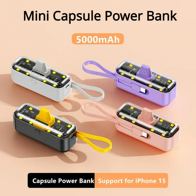 2024 New 5000mAh Mini Emergency Power Bank Colorful Led Light Portable Lipstick Power Bank with Apple/Type-C Charging Port