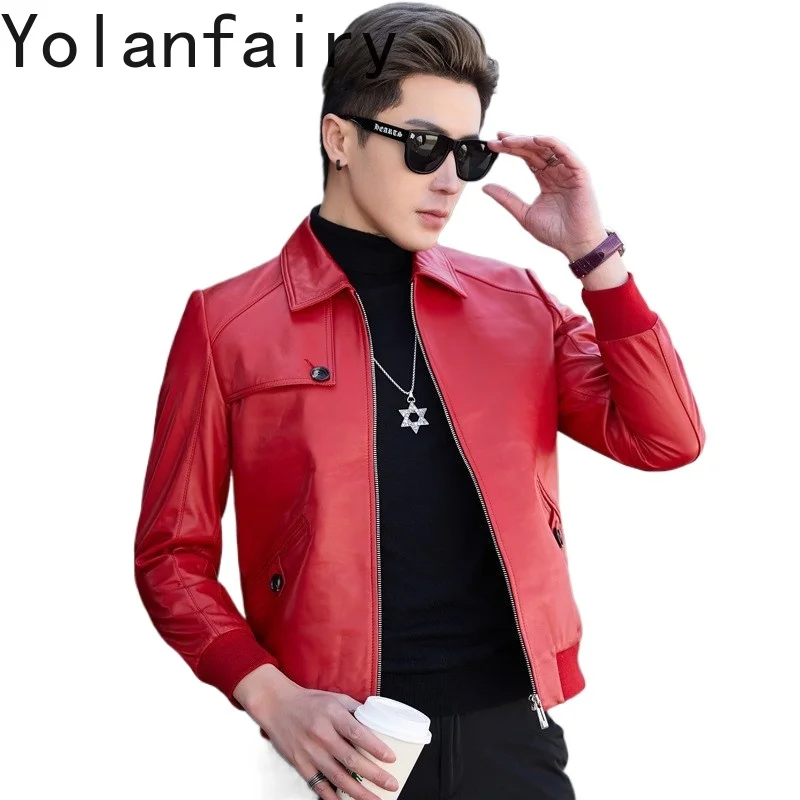 

YOLANFAIRY Genuine Leather Sheepskin Jackets for Men Fashion Spring Autumn Short Motorcycle Jacket Slim Fit Coats New Chaqueta