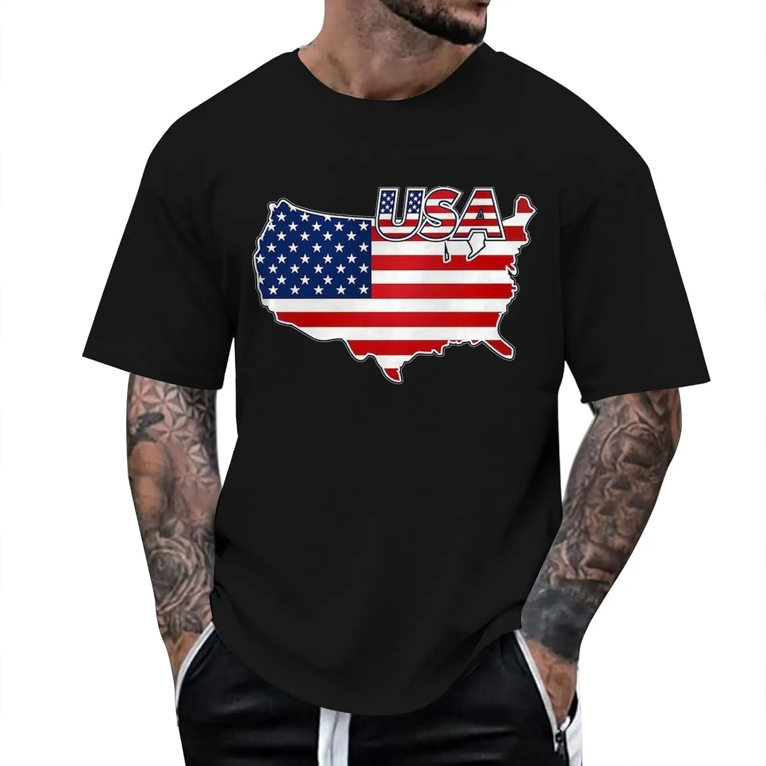 Men Dark Shirt Male Independence Day Print Short Sleeve Round Neck T Shirt Floral Fashion Trend Bottoming