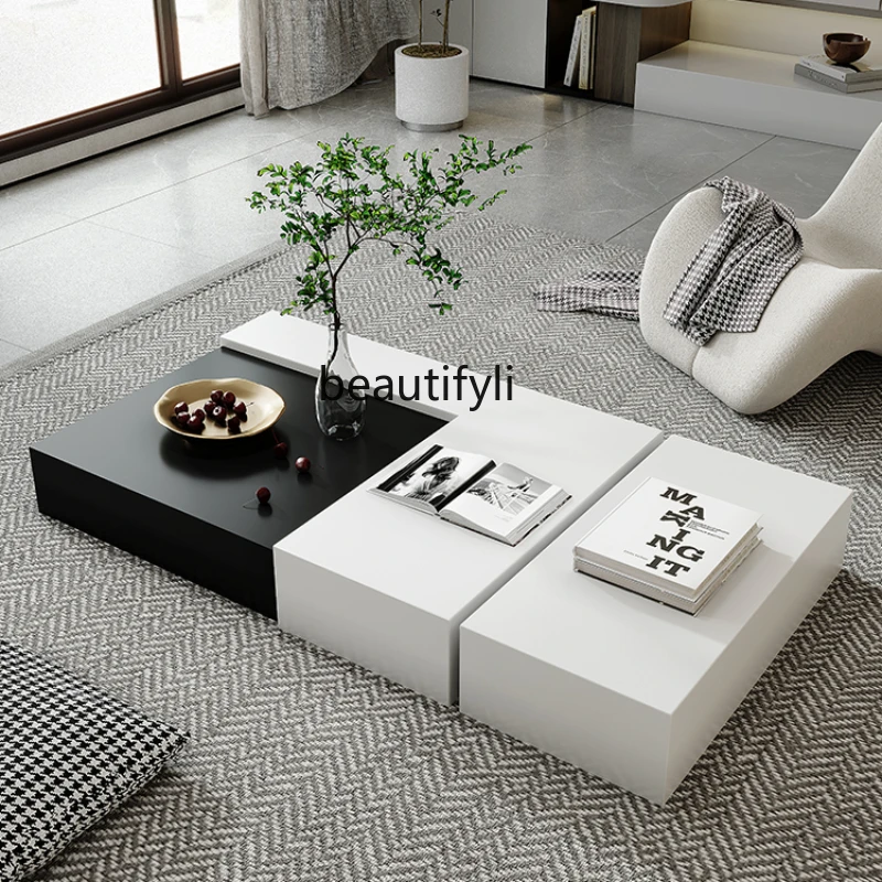 

Light luxury Italian rock slab coffee table floor TV cabinet combination small apartment simple square side table