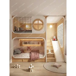 Children's Room Whole House Custom Slide Tree House Upper and Lower Bunk Bunk Bed High Guardrail Sister and Brother Attic Bed