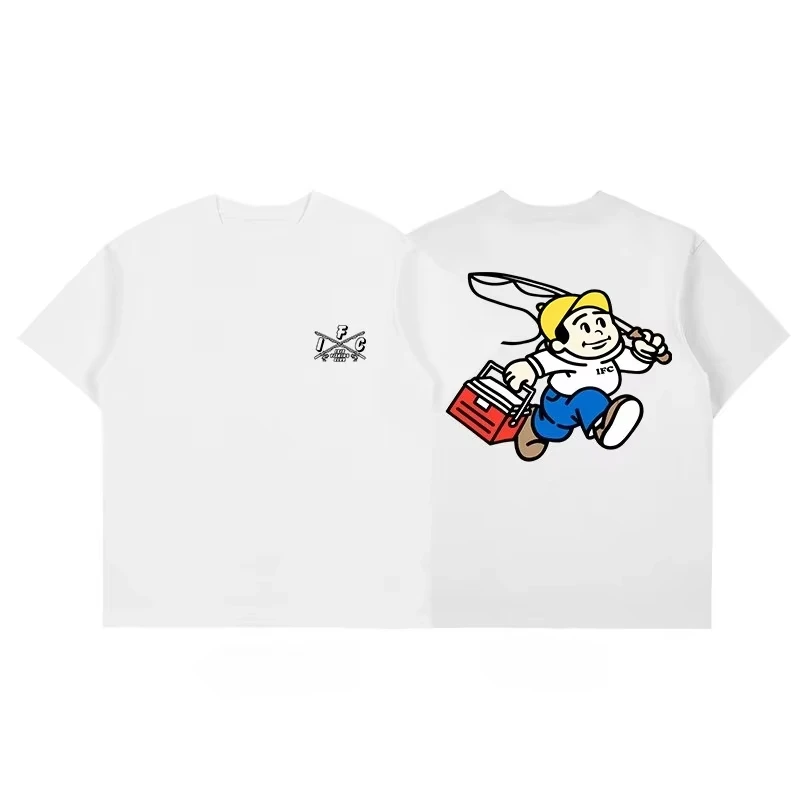 2026 Fishing Boy Cartoon Cotton T-Shirt Front Chest Logo Back Graphic Double-sided Print White Unisex Crew Neck Short Sleeve