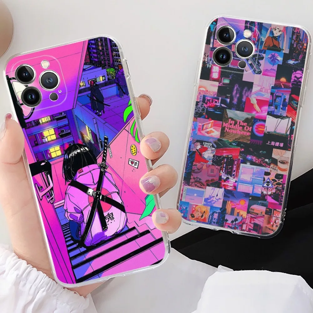 Vaporwave Glitch Anime Phone Case For iPhone 15 14 11 12 13 Mini Pro XS Max Cover 6 7 8 Plus X XR SE 2020 Funda Shell