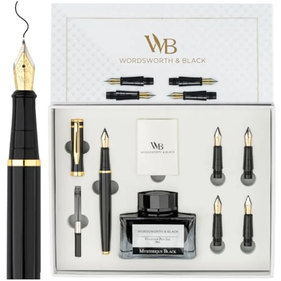 

Fountain Pen Gift Set, Includes Bottle, 6 Cartridges, Refill Converter, 4 Replacement Nibs, Premium Package, Journaling, Callig