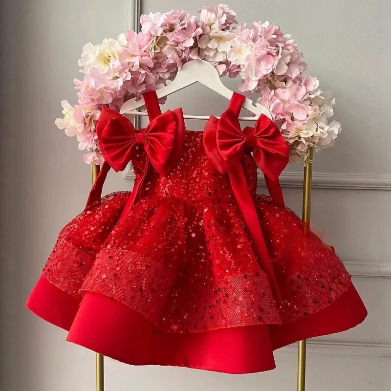 2026 New Red Girls Sequin Puffy Tulle Kids Princess Dress Children Formal Party Celebration Evening Gown Birthday Gown Dresses