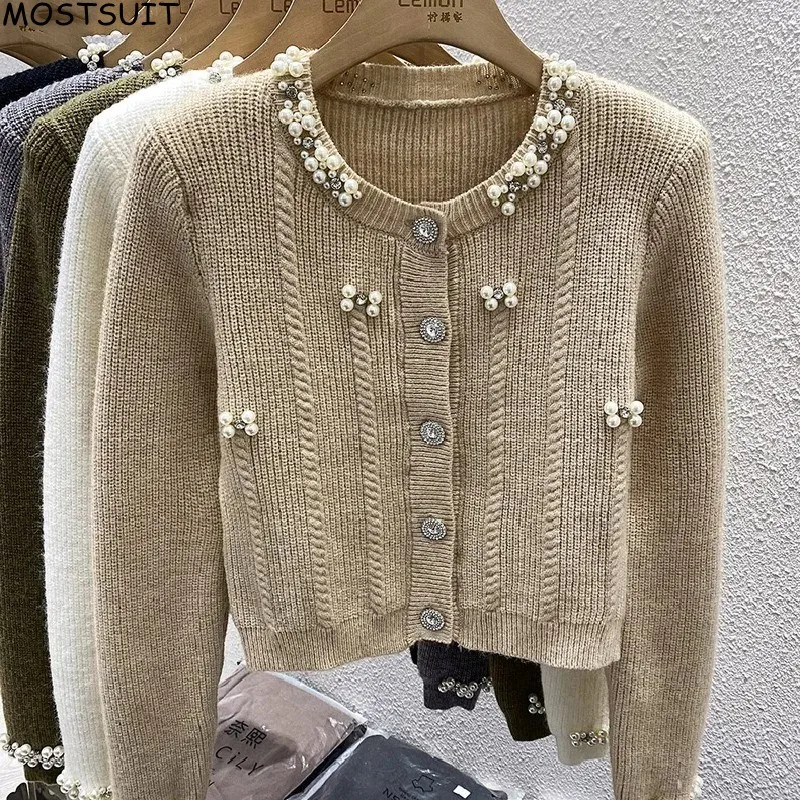 Pearl Beaded Elegant Knit Sweater Women Cardigan 2024 Autumn Long Sleeve Single-breasted Tops Stylish Fashion Chic Ladies Jumper