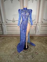 Luxurious Full Rhinestones Short Dress for Women Evening Prom Celebrate Dress Sexy Mesh Transparent Singer Show Stage Wear