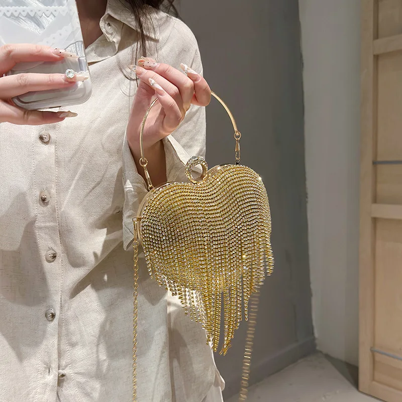 Tassel Diamond Handbags for Women 2024 Trend Fashion Evening Bag Chic Party Cute Luxury High Quality Heart Female Shoulder Bag