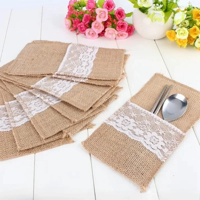 10Pcs Burlap Lace Cutlery Pouch Wedding Tableware Party Supplies Holder Bag Hessian Rustic Jute Table Decoration Accessories