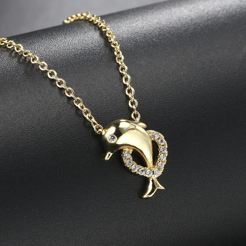 Kawaii Dolphin Necklace for Women Cute Pendant Gold Color Heart Cubic Zirconia Choker Chains on Neck Fashion Jewelry Gifts N148