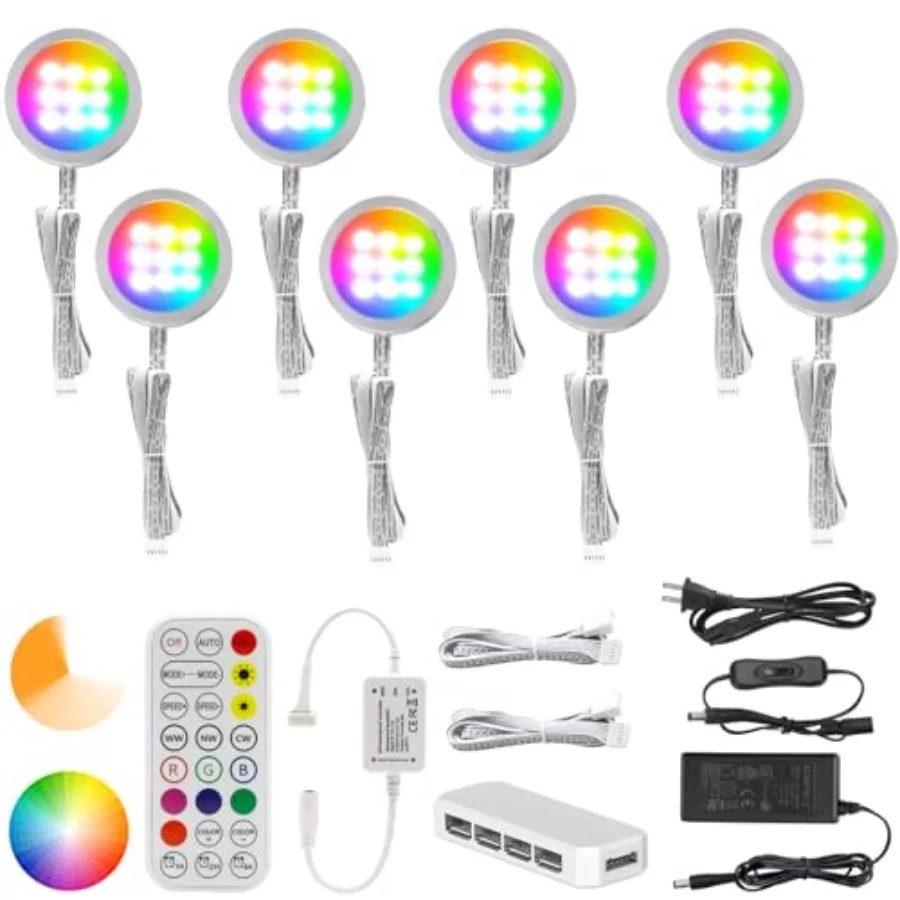 

Under Cabinet Lighting Kit 8 Pack Dimmable RGB and CCT LED Puck Lights with Timer Function Wireless Remote Control Linkable Des